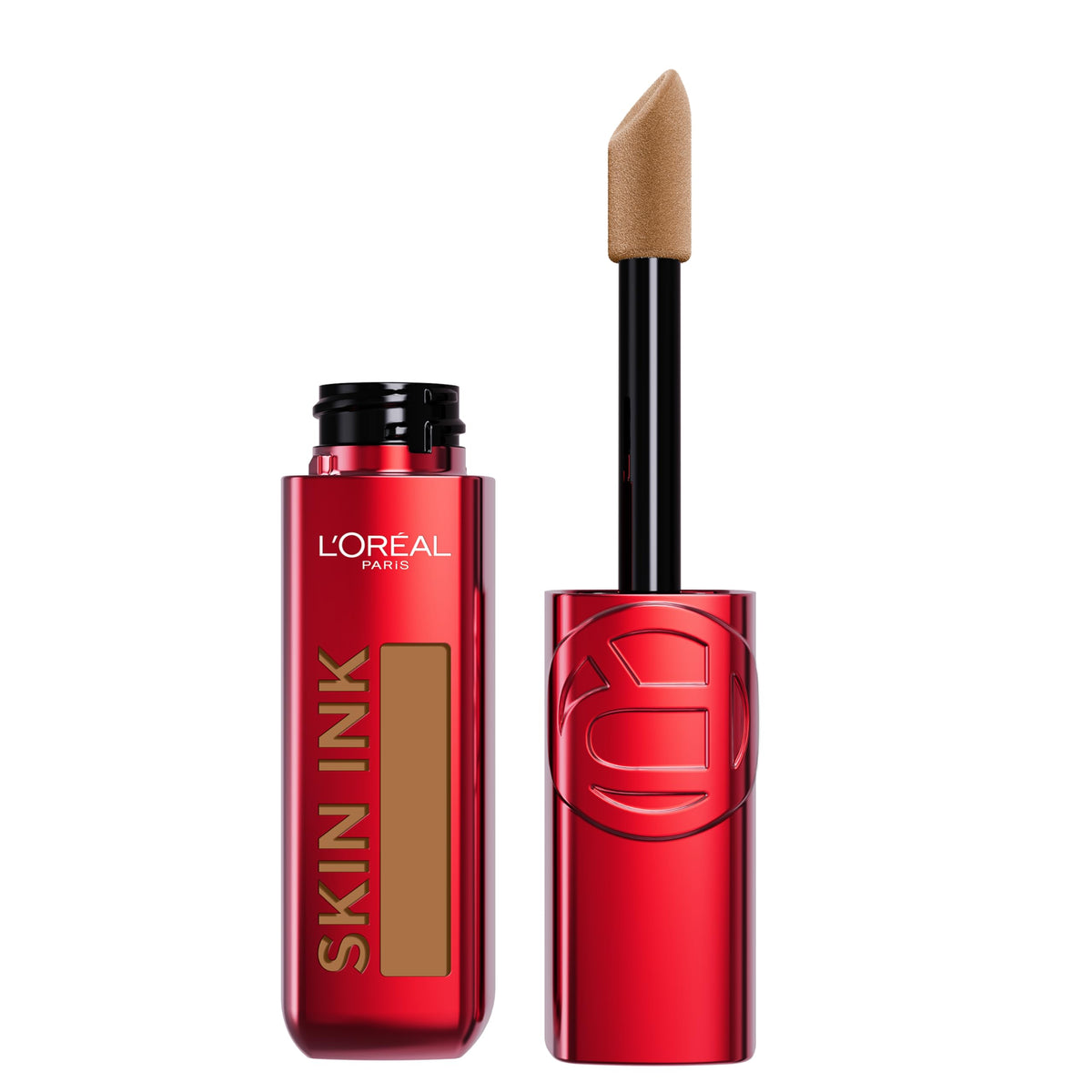 L'Oreal Paris Skin Ink front bottle showing shade 375 Tan Warm and applicator tip benefit long wear