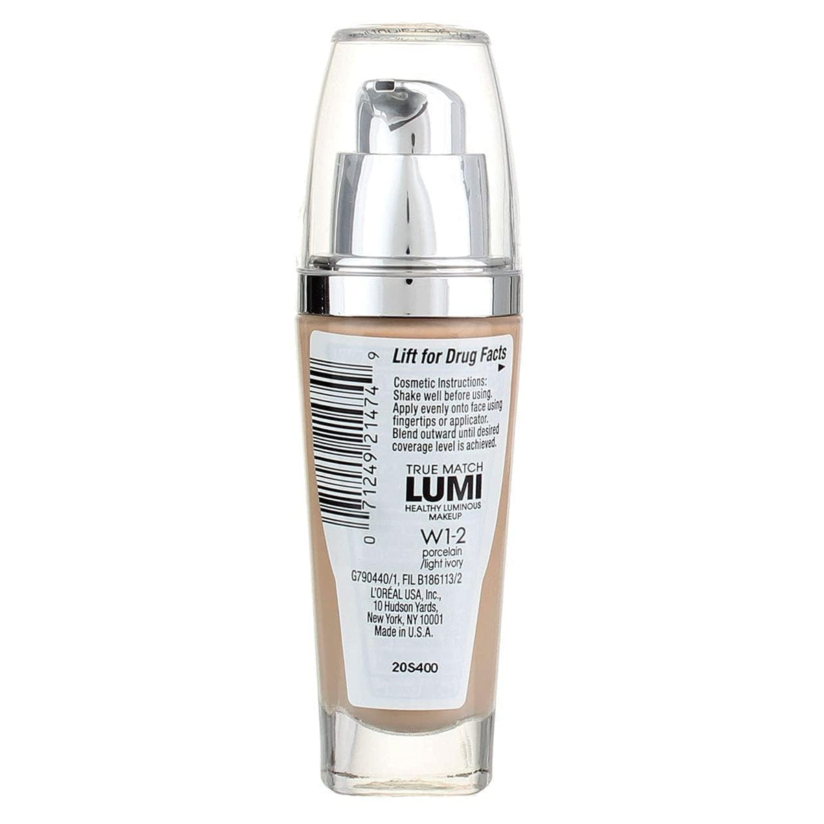 L'Oreal Paris close view of bottle label indicating W1-2 Porcelain Light Ivory