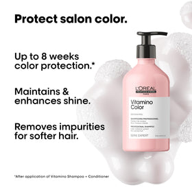 L'Oréal Professionnel refill being poured to refill original bottle, eco benefit