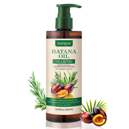 Lorrnyee front packaging of Batana Oil Shampoo showing bottle and label benefits