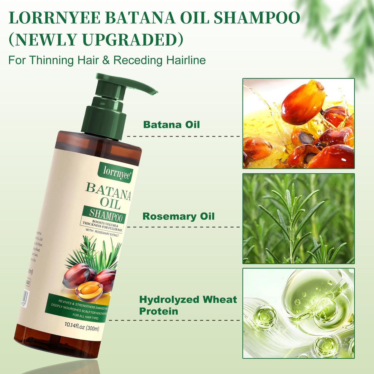 Lorrnyee rosemary sprigs and batana oil dropper showing natural ingredient focus