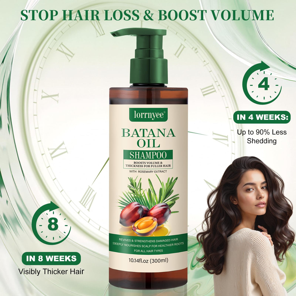 Lorrnyee bottle pump and label detail highlighting key ingredients and usage