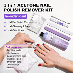 LOUINSTIC bottle close-up label highlighting gentle acetone formula benefits