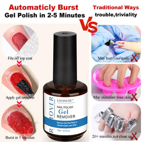 LOUINSTIC gel remover bottle label showing non-acetone fast-action benefit