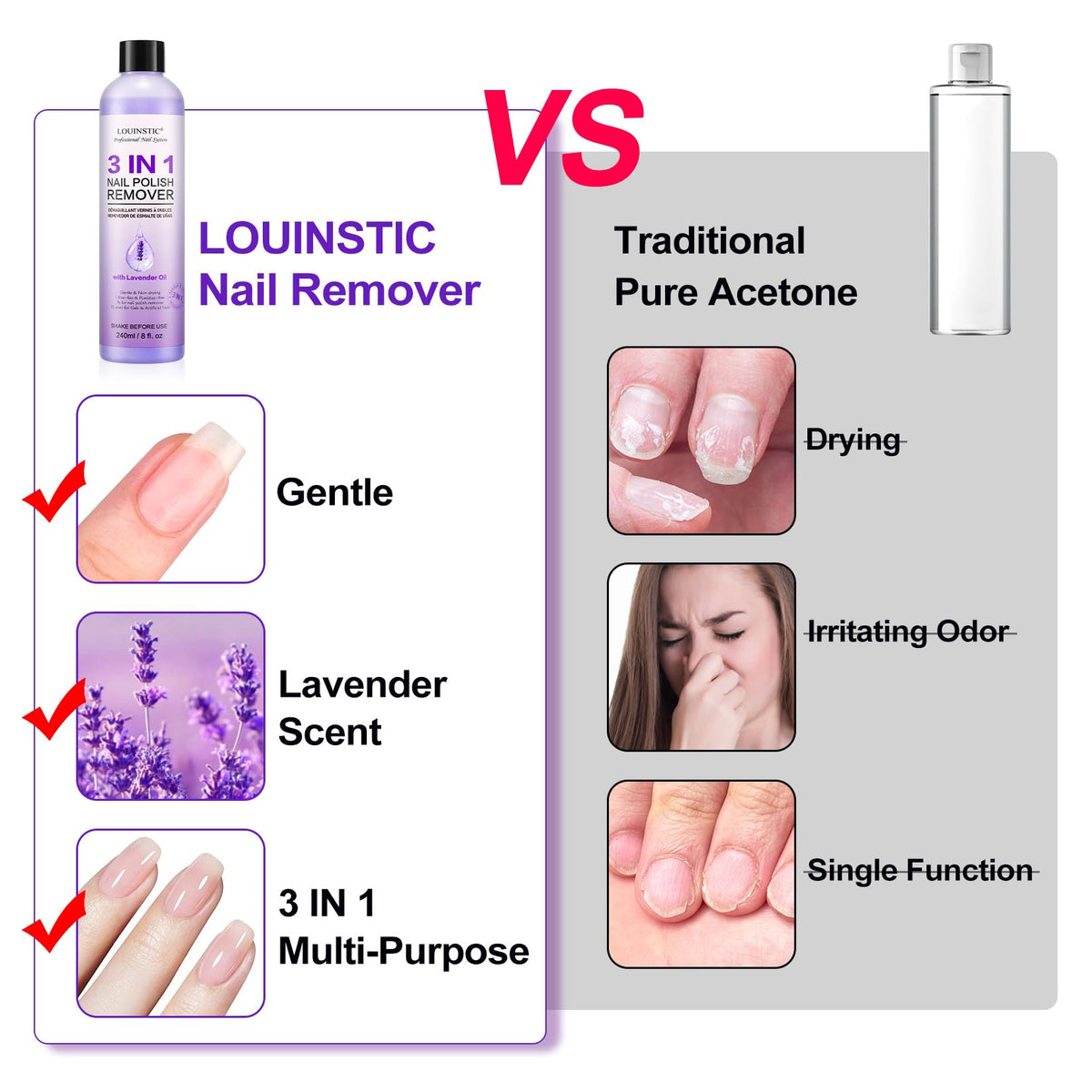 LOUINSTIC bottle in hand for scale to show 8.1 fl oz travel-friendly size