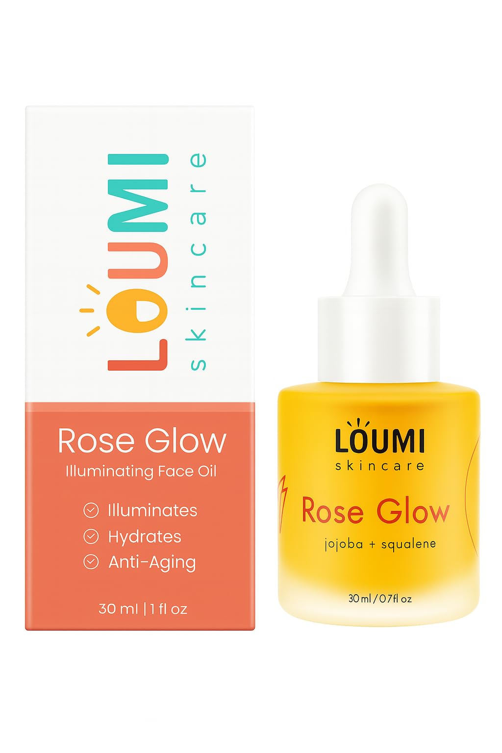 LOUMI RoseGlow front bottle showing minimalist packaging and easy identification