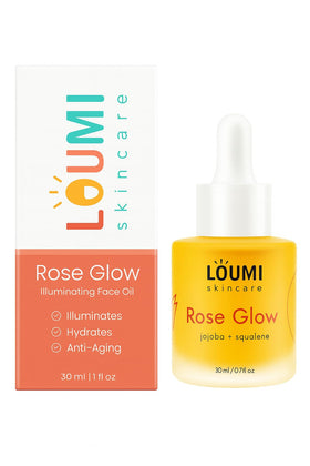 LOUMI RoseGlow front bottle showing minimalist packaging and easy identification