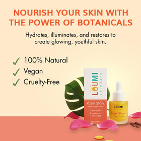 LOUMI RoseGlow ingredients label close-up showing clean, vegan formulation benefit