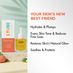 LOUMI RoseGlow on vanity lifestyle scene showing morning routine glow benefit