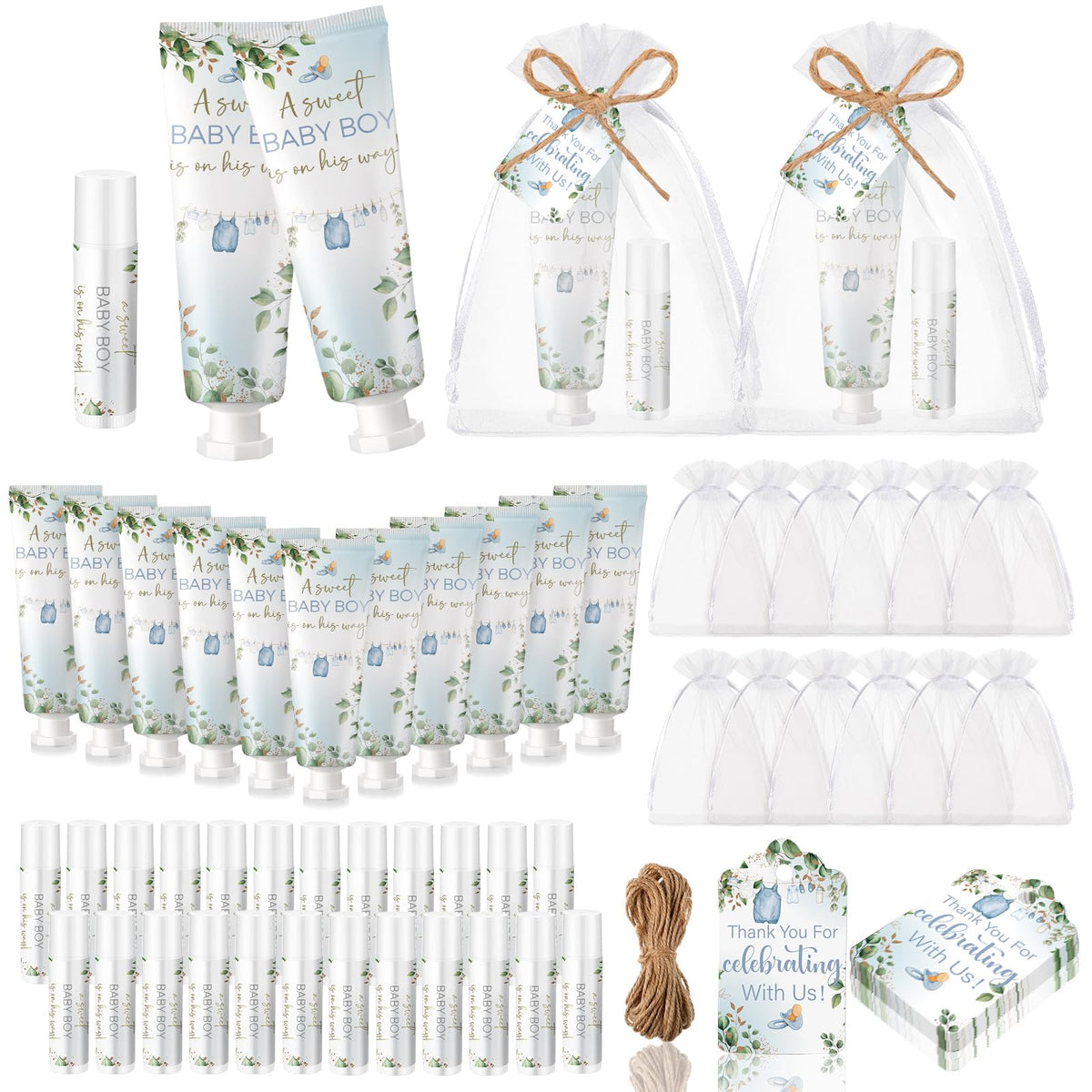 Lounsweer front packaging showing greenery design and 'Sweet Baby Boy' messaging for elegant favors