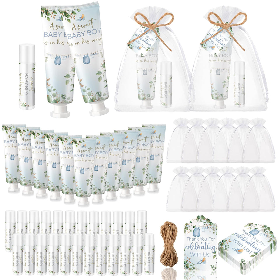 Lounsweer front packaging showing greenery design and 'Sweet Baby Boy' messaging for elegant favors