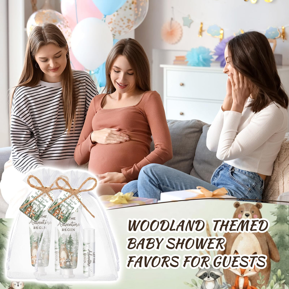 Lounsweer table display at a woodland-themed baby shower creating cohesive party decor