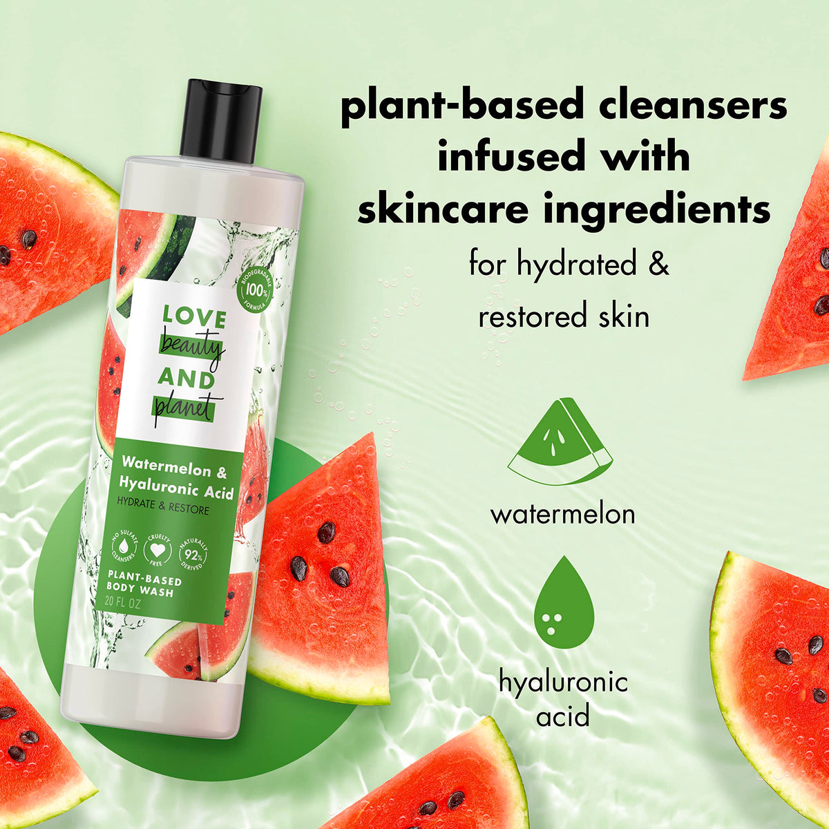 Love Beauty And Planet bottle with recycled-plastic badge highlighting sustainability