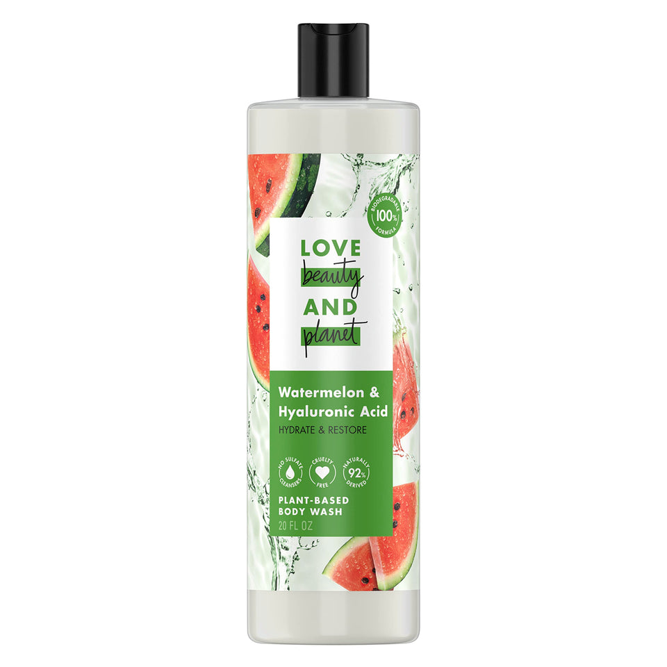 Love Beauty And Planet front packaging showing watermelon scent and benefit