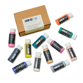 Love is Art front packaging of 12-color body paint set showing bottles and label for creative date nights