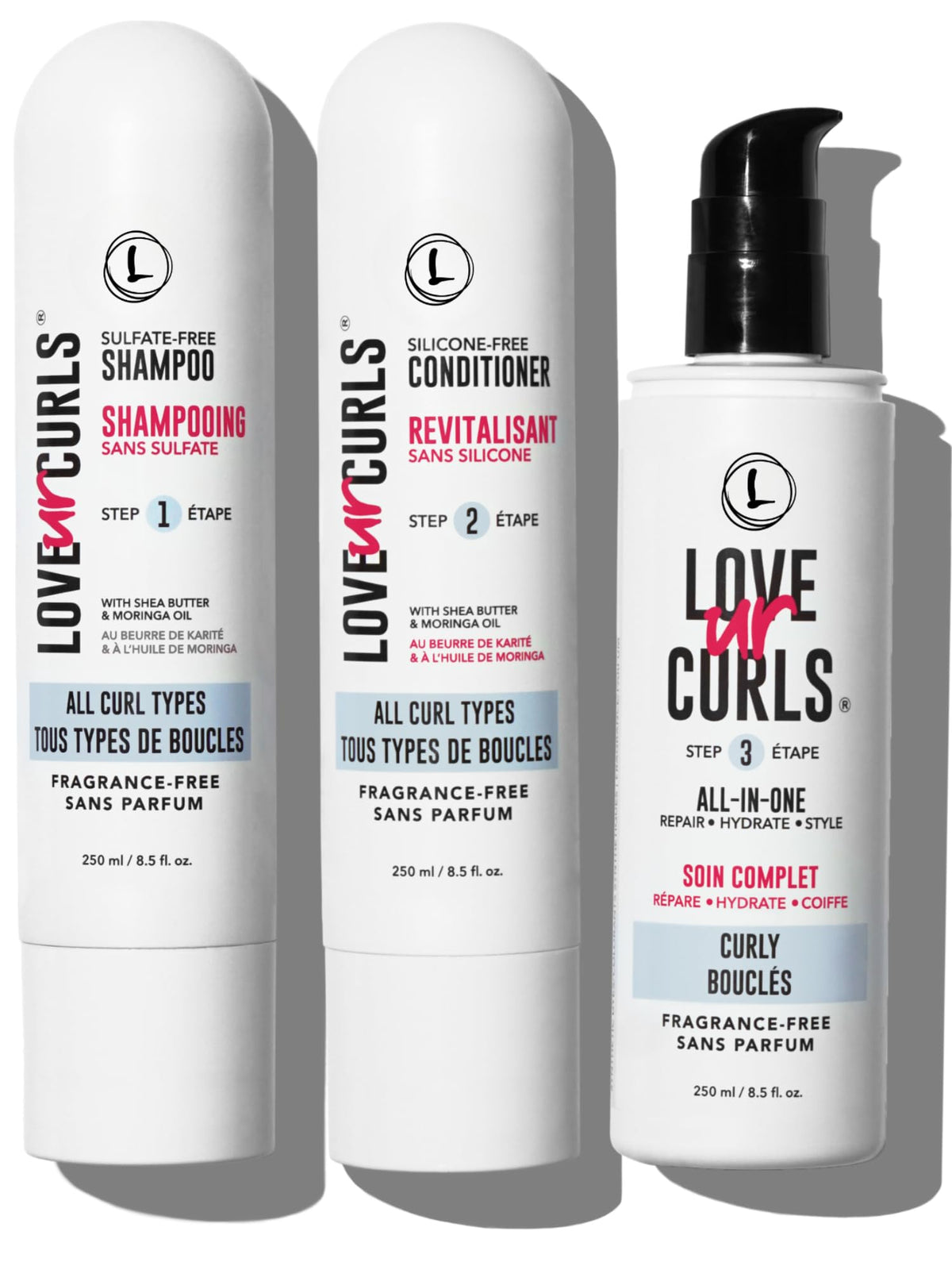 Love Ur Curls front packaging showing 200 mL bottles and clear labeling benefit gentle cleansing