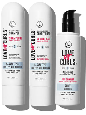 Love Ur Curls front packaging showing 200 mL bottles and clear labeling benefit gentle cleansing