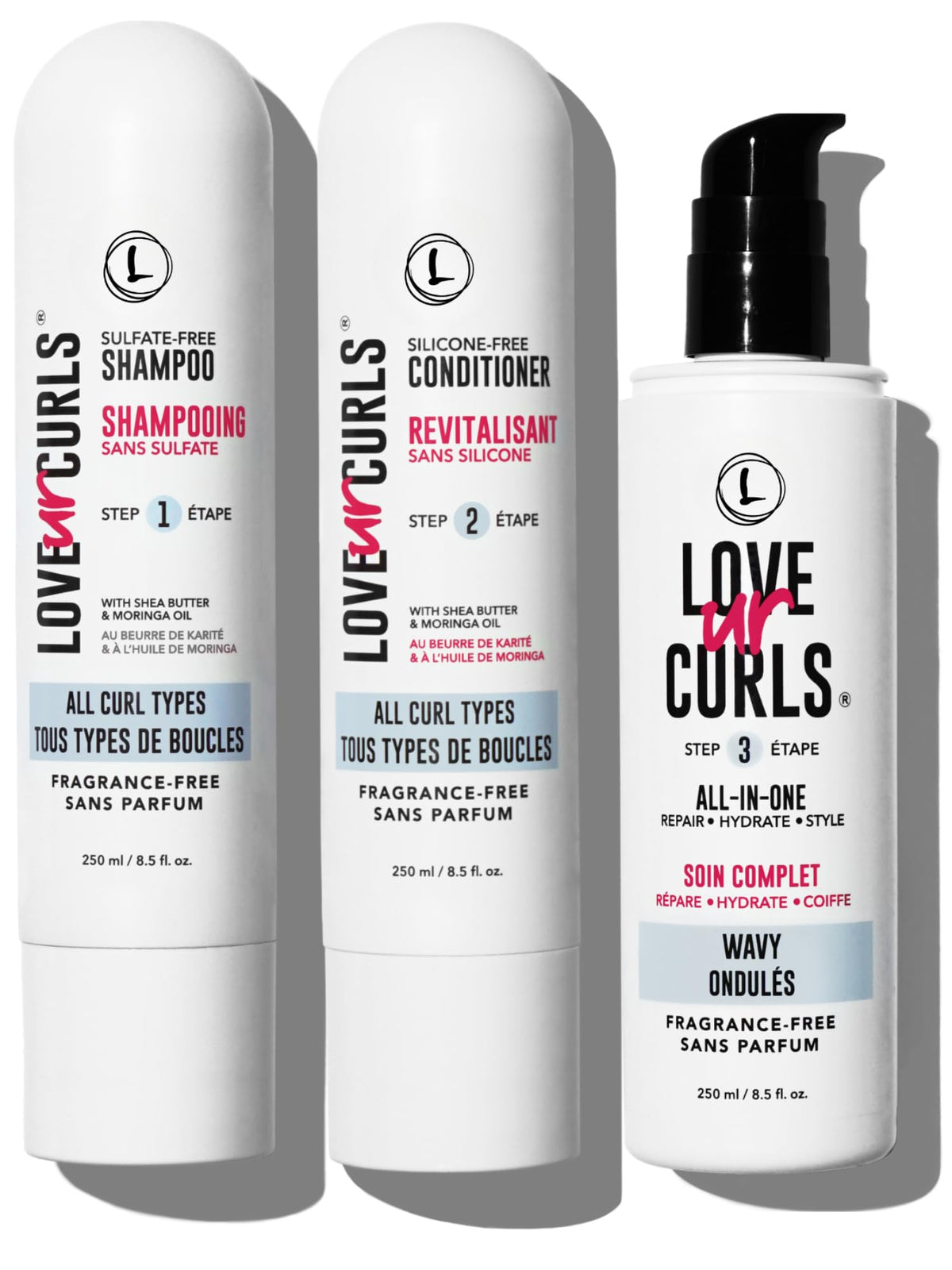 Love Ur Curls front packaging showing 200 mL bottles and unscented claim for gentle care
