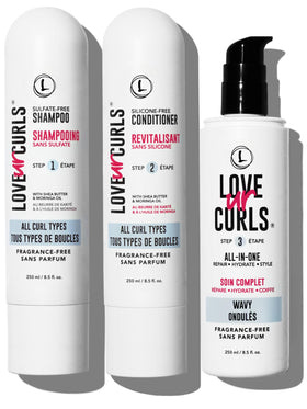 Love Ur Curls front packaging showing 200 mL bottles and unscented claim for gentle care