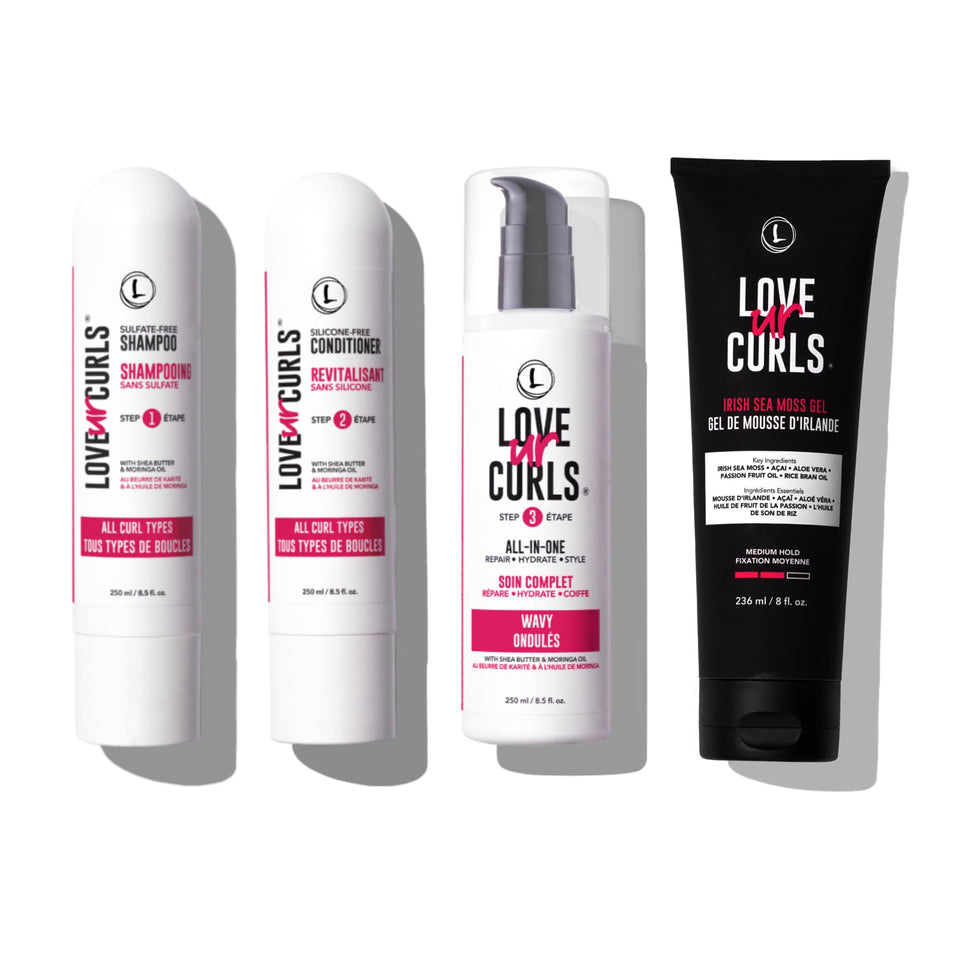 Love Ur Curls kit front packaging showing full four-piece set and benefits
