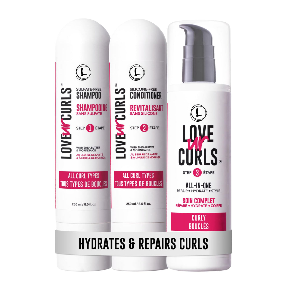 Love Ur Curls front packaging showing trio set and product benefits