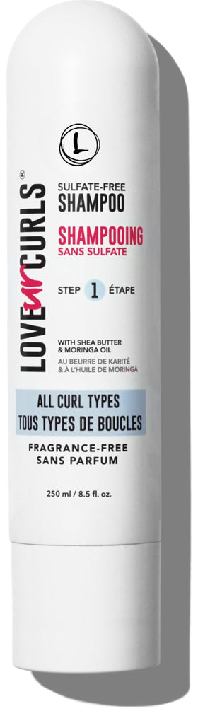 Love Ur Curls front packaging showing clean fragrance-free shampoo benefits