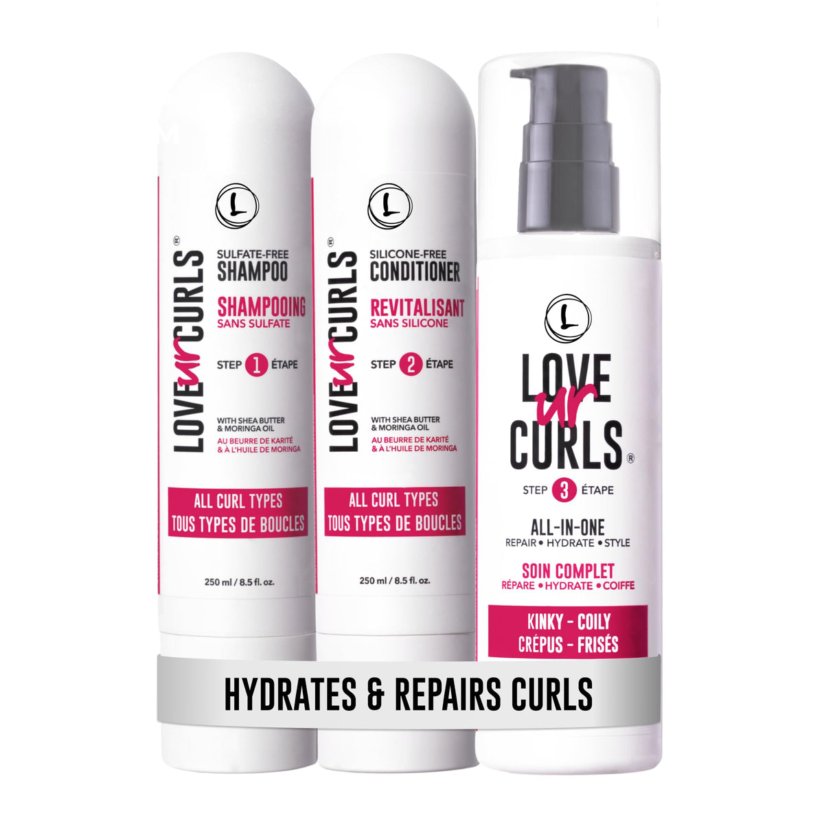 Love Ur Curls front packaging shot showing full 3-step set and benefits