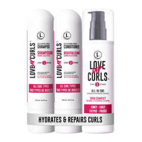 Love Ur Curls front packaging shot showing full 3-step set and benefits