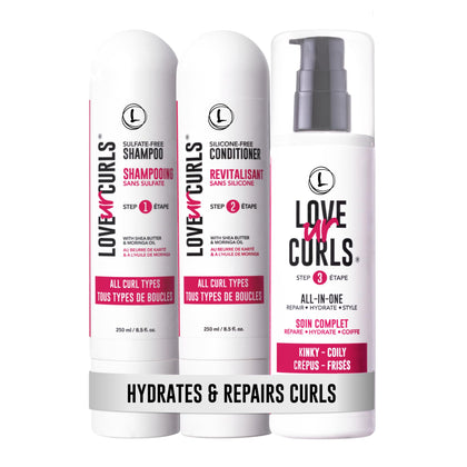 Love Ur Curls front packaging shot showing full 3-step set and benefits