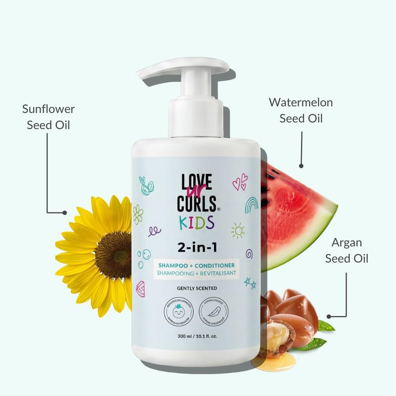 Love Ur Curls label close-up highlighting 2-in-1 tear-free formula benefit