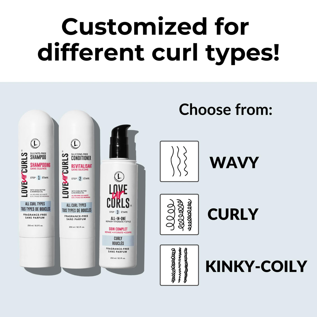 Love Ur Curls set displayed on a bathroom shelf suggesting a fragrance-free routine benefit