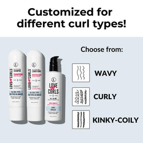 Love Ur Curls set displayed on a bathroom shelf suggesting a fragrance-free routine benefit