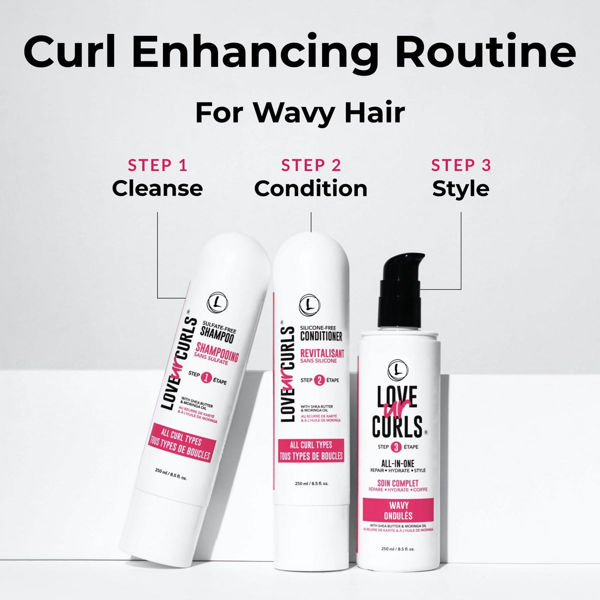 Love Ur Curls shampoo bottle upright highlighting gentle cleansing and shine