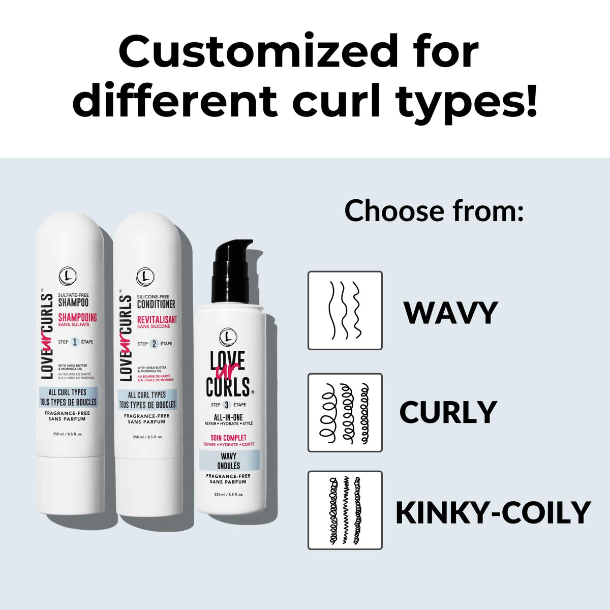 Love Ur Curls bottles next to a hand to show 200 mL size and travel-friendly scale