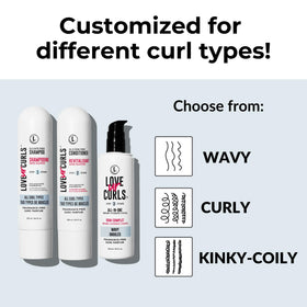 Love Ur Curls bottles next to a hand to show 200 mL size and travel-friendly scale