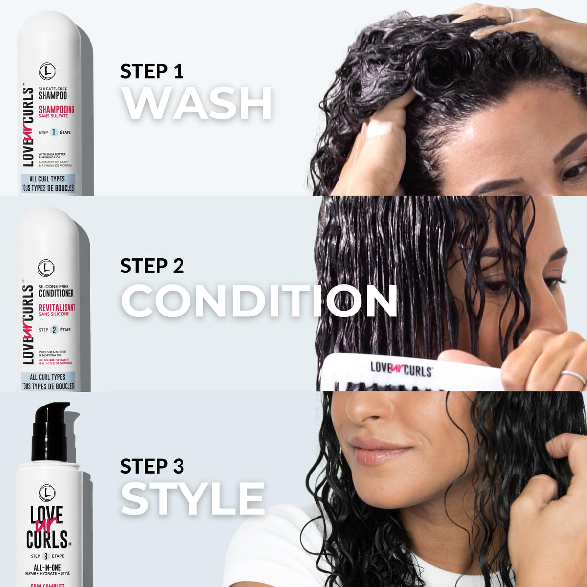 Love Ur Curls all-in-one styler applied to wet curls to define pattern and reduce frizz