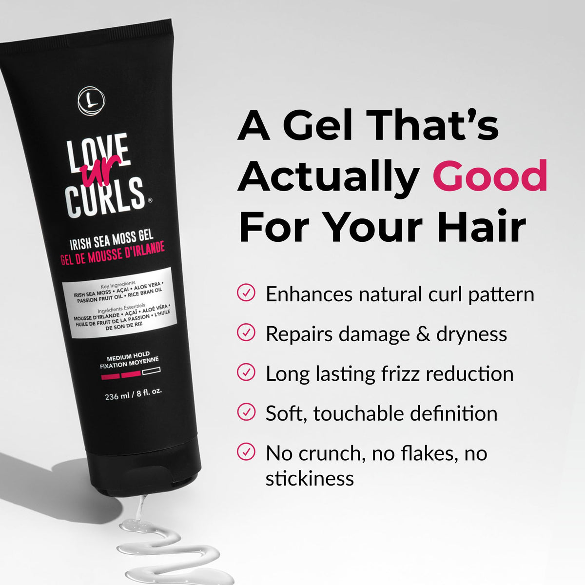 Love Ur Curls gel texture close-up highlighting smooth, clear formula for touchable hold