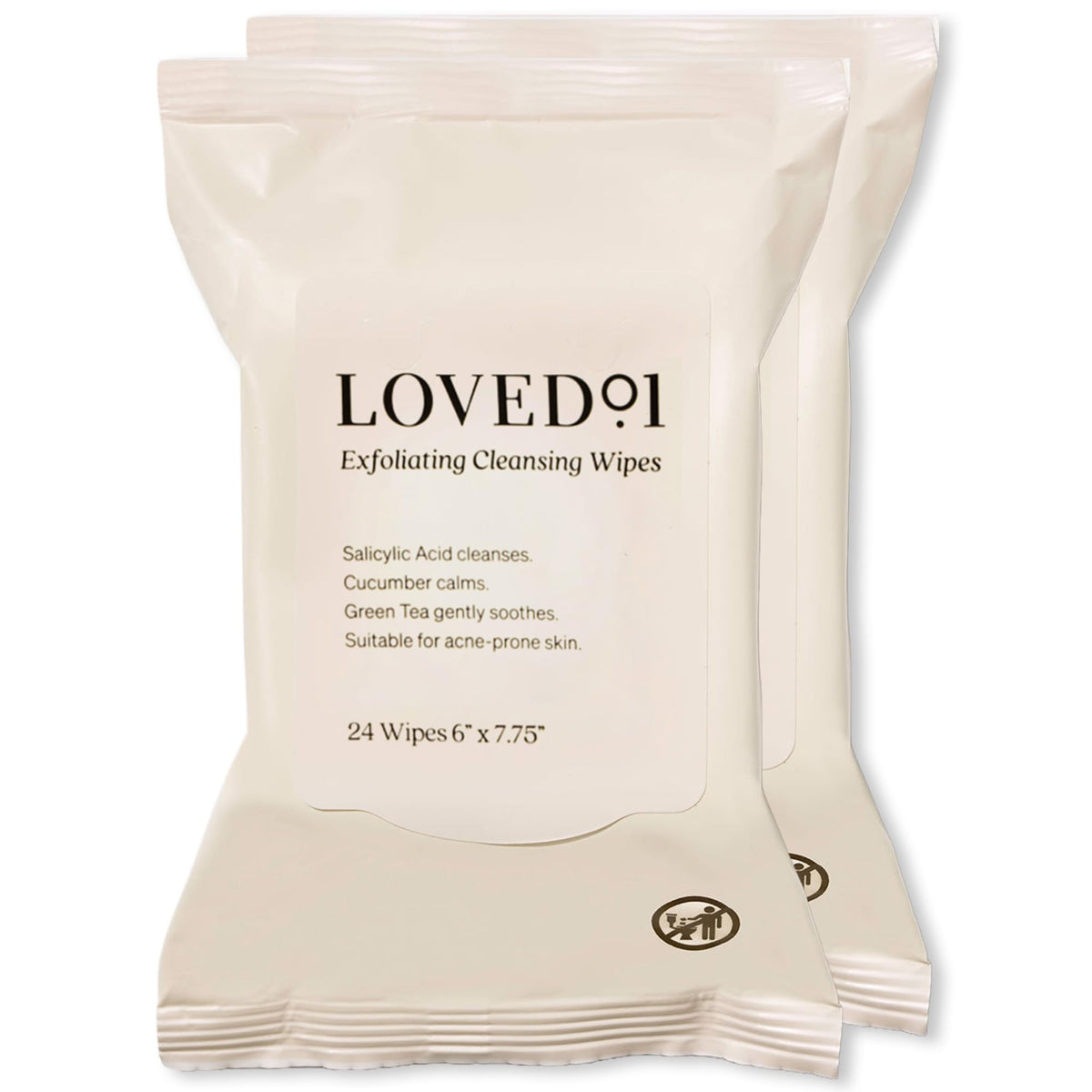 Loved01 front packaging showing 2-pack and wipe count, easy travel benefit