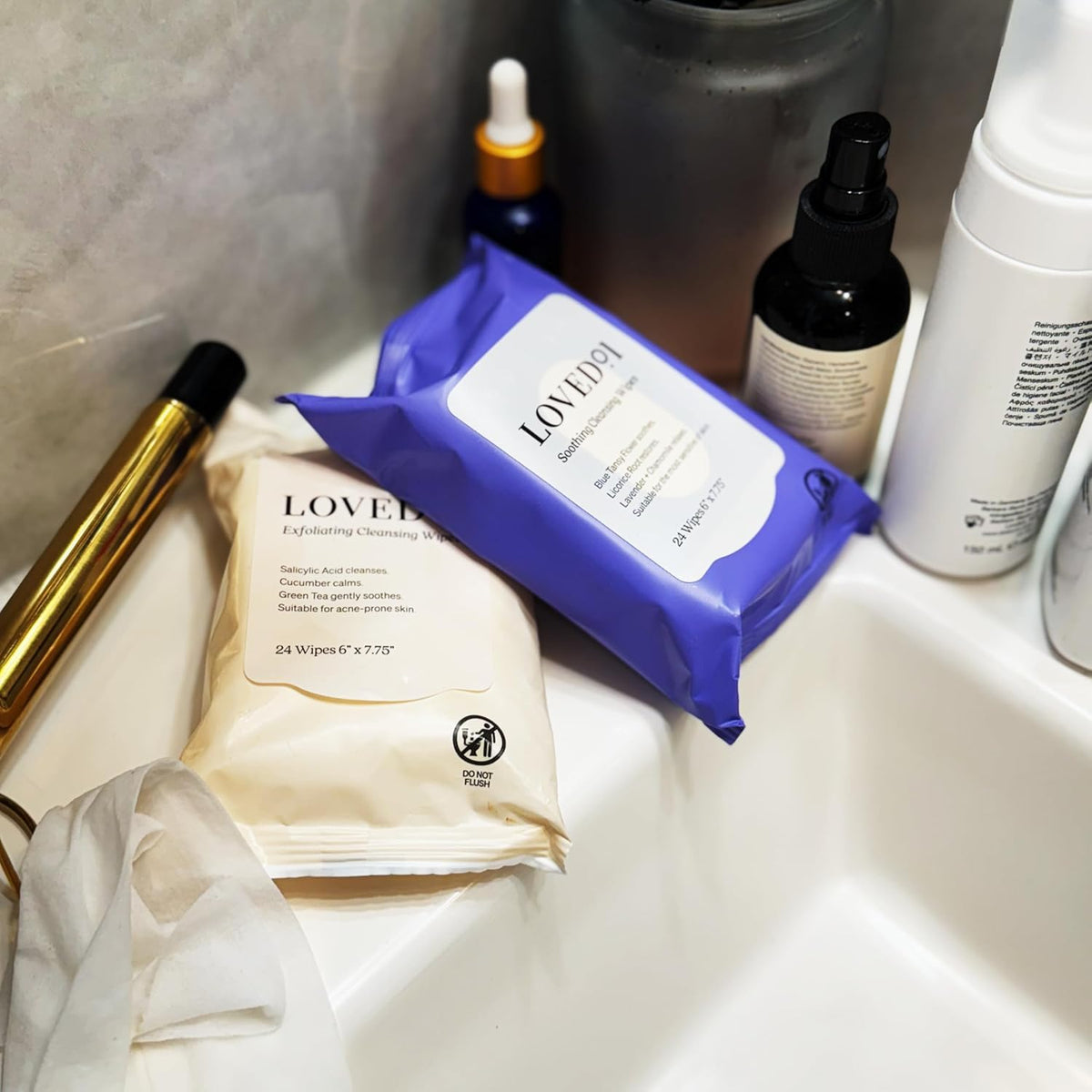 Loved01 wipes in a gym bag lifestyle scene for on-the-go convenience benefit