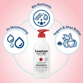 Lover's Care bottle next to common items for scale showing compact size and travel convenience
