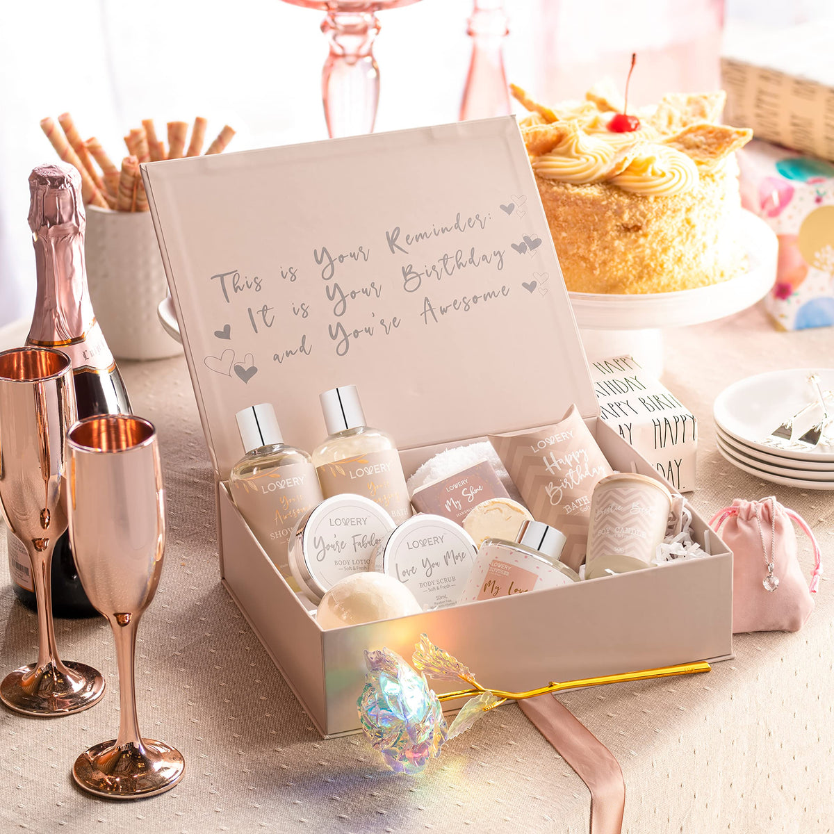 LOVERY 24k rose with surrounding items displayed as a decorative keepsake