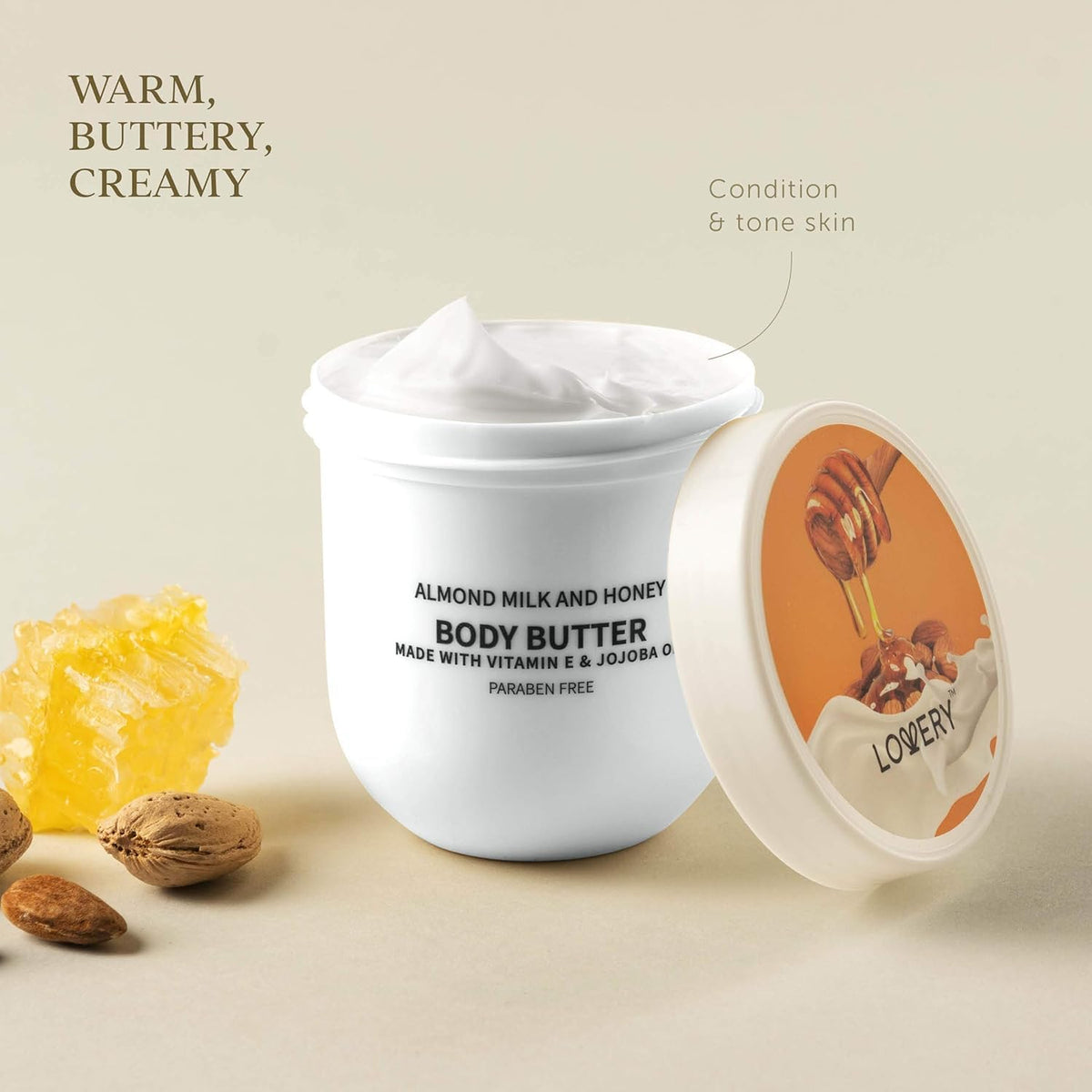 LOVERY almond milk and honey pouring close-up, indicates soothing, moisturizing benefit
