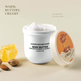 LOVERY almond milk and honey pouring close-up, indicates soothing, moisturizing benefit