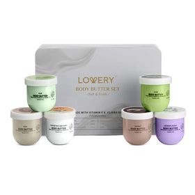 LOVERY front view of gift set showing six jars and elegant tin, perfect for gifting