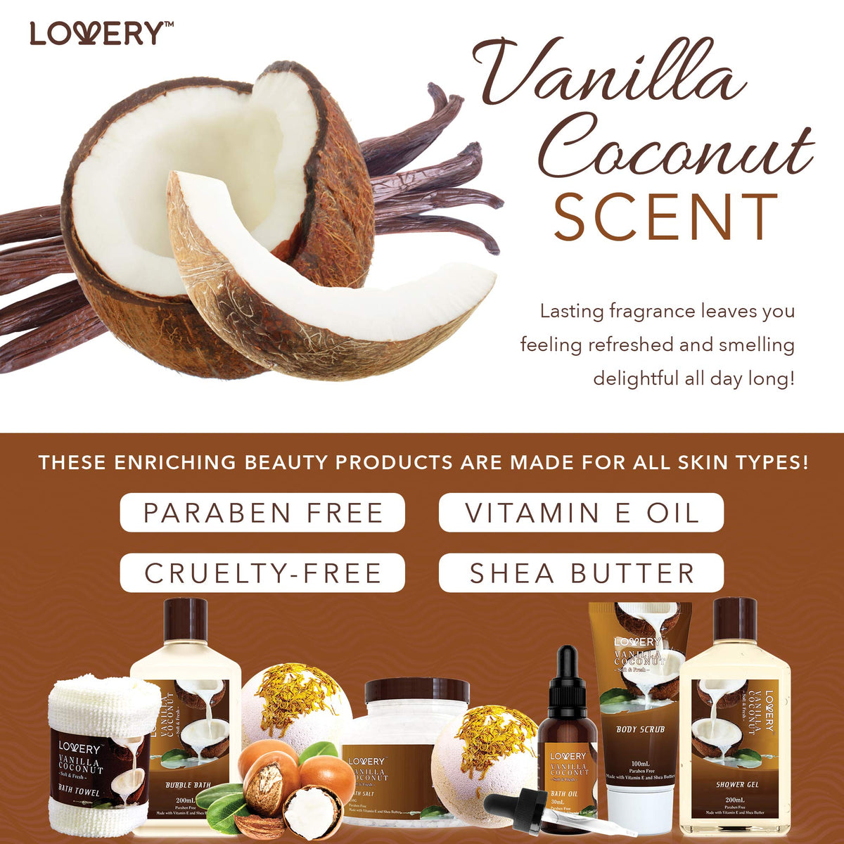 LOVERY body oil drop on skin illustrating moisturizing coconut nourishment