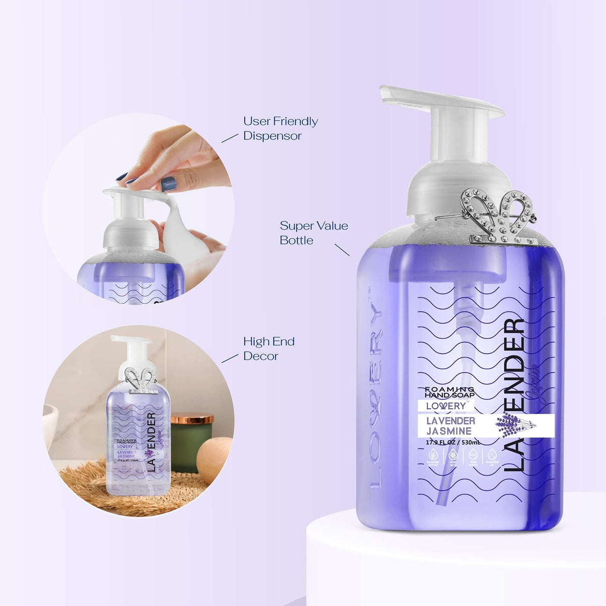 LOVERY foam texture on hand, illustrating creamy lather and moisturizing feel