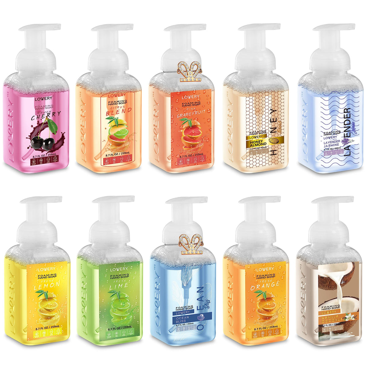 LOVERY front packaging showing ten scented foaming hand soaps, ideal for stock-up