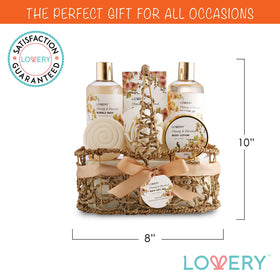 LOVERY lifestyle spa setting with basket on vanity showing ready-to-give luxury