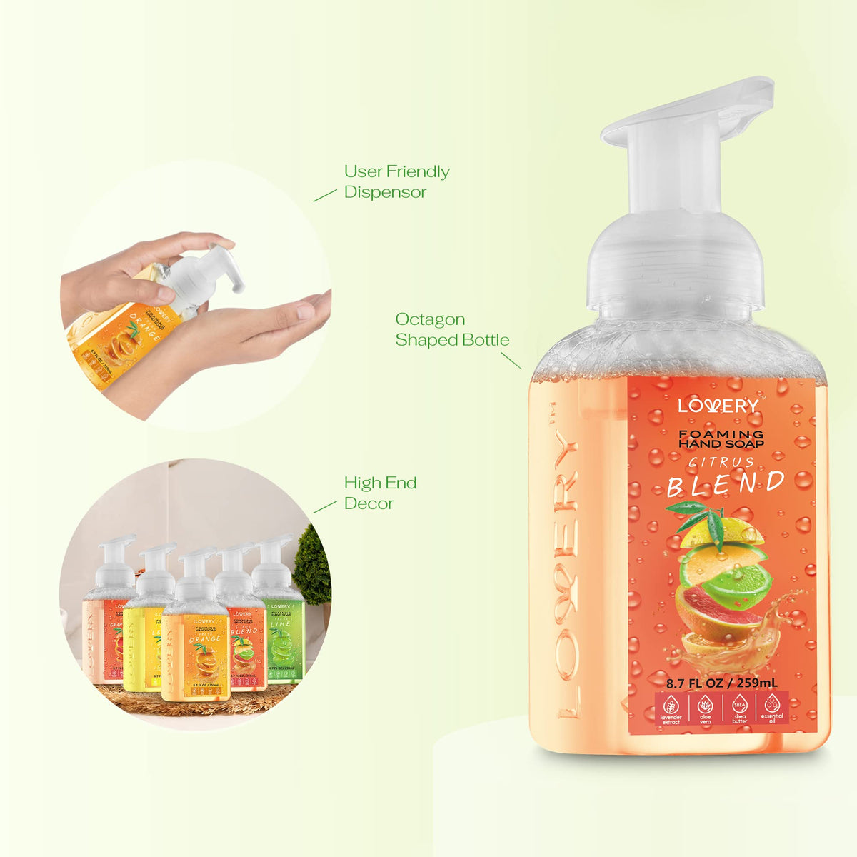 LOVERY pump closeup highlighting foam texture and easy dispensing