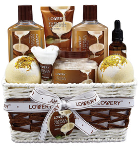LOVERY front packaging of the vanilla coconut gift basket shows complete set benefits